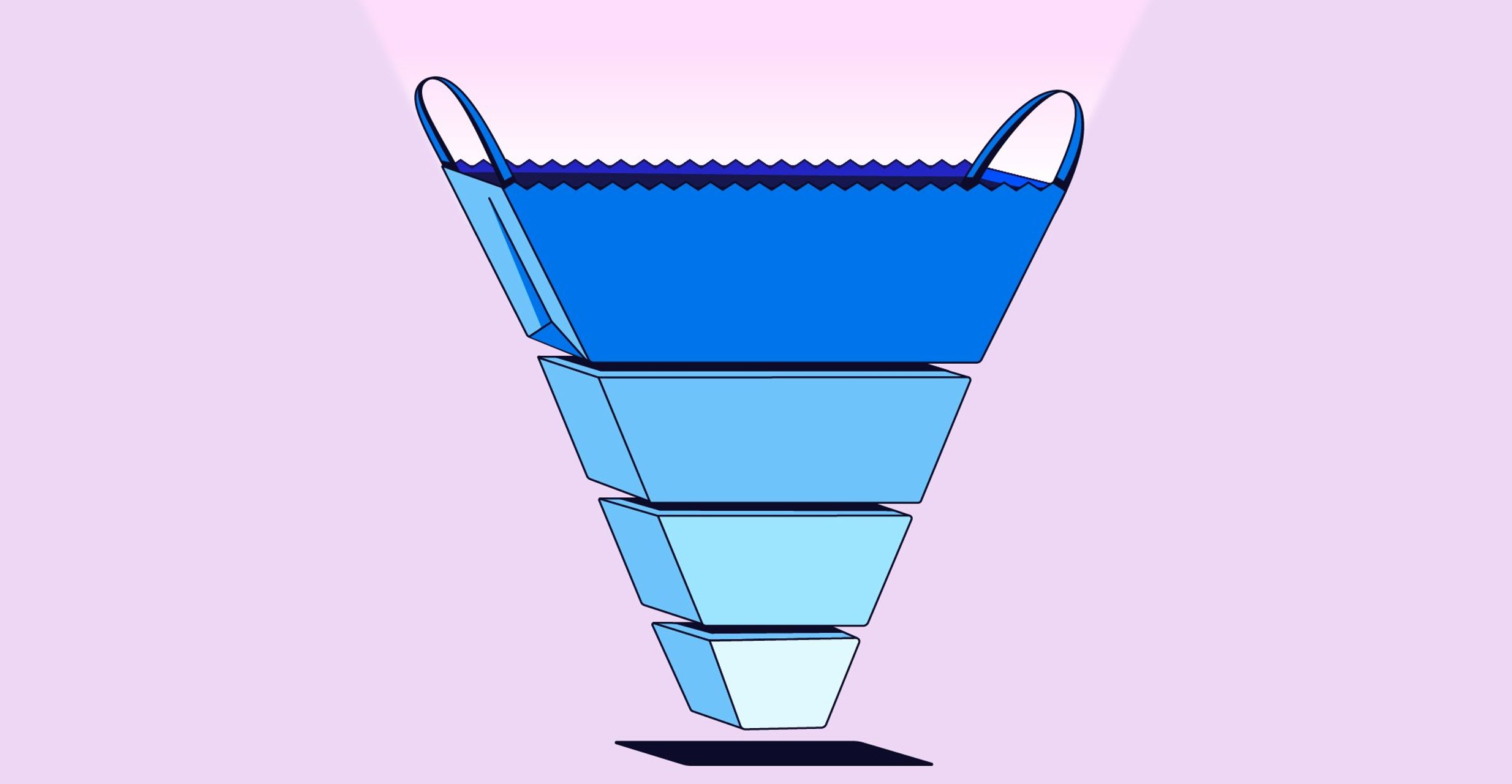 An illustration of a marketing funnel. The top level of the funnel is an open shopping bag.
