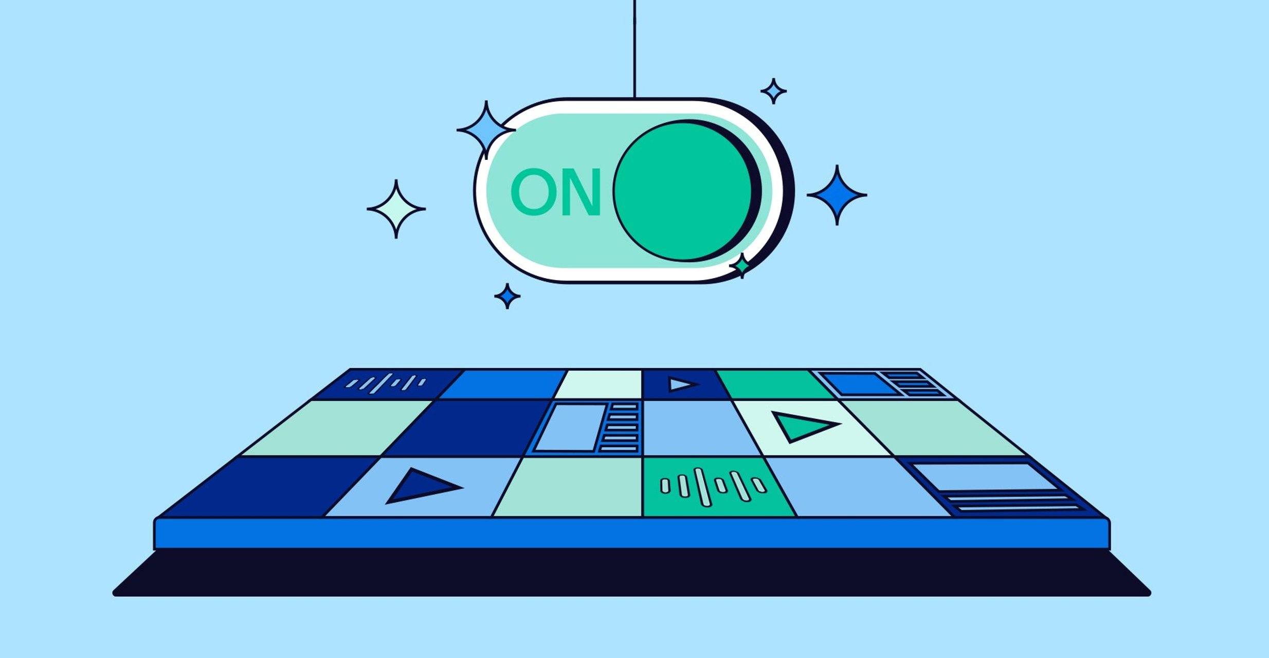 Graphic shows an "ON" switch above a digital dance floor, set against a light blue background