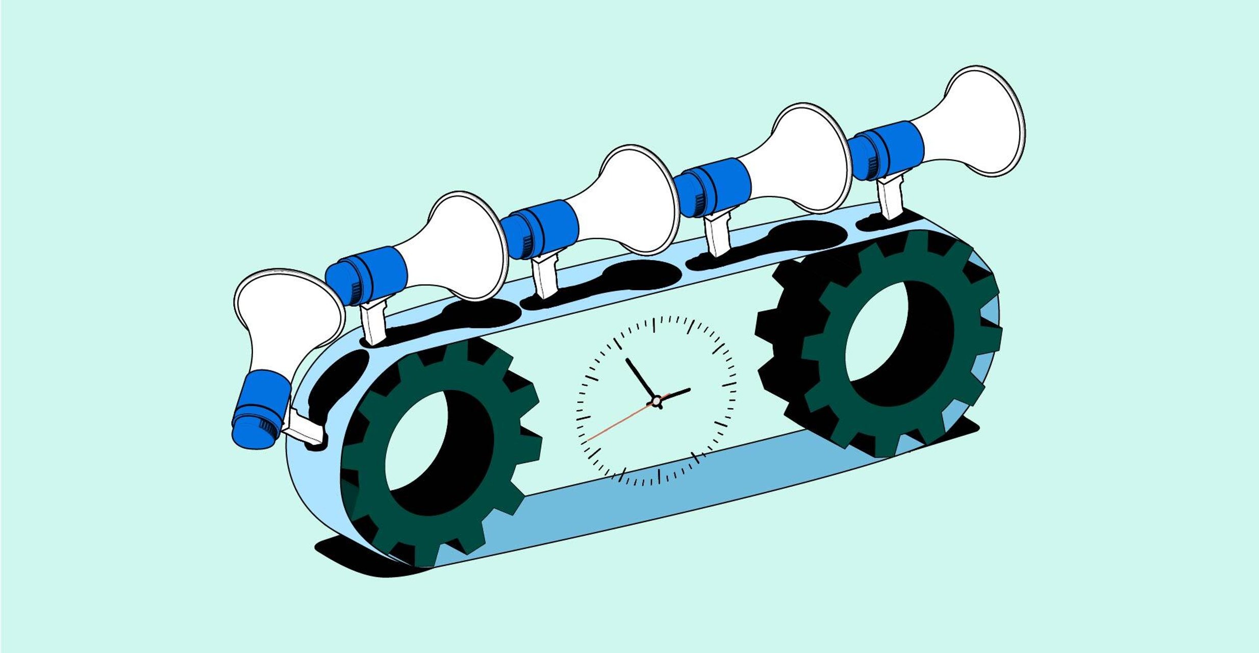 Graphic shows a clock within gears and megaphones on top