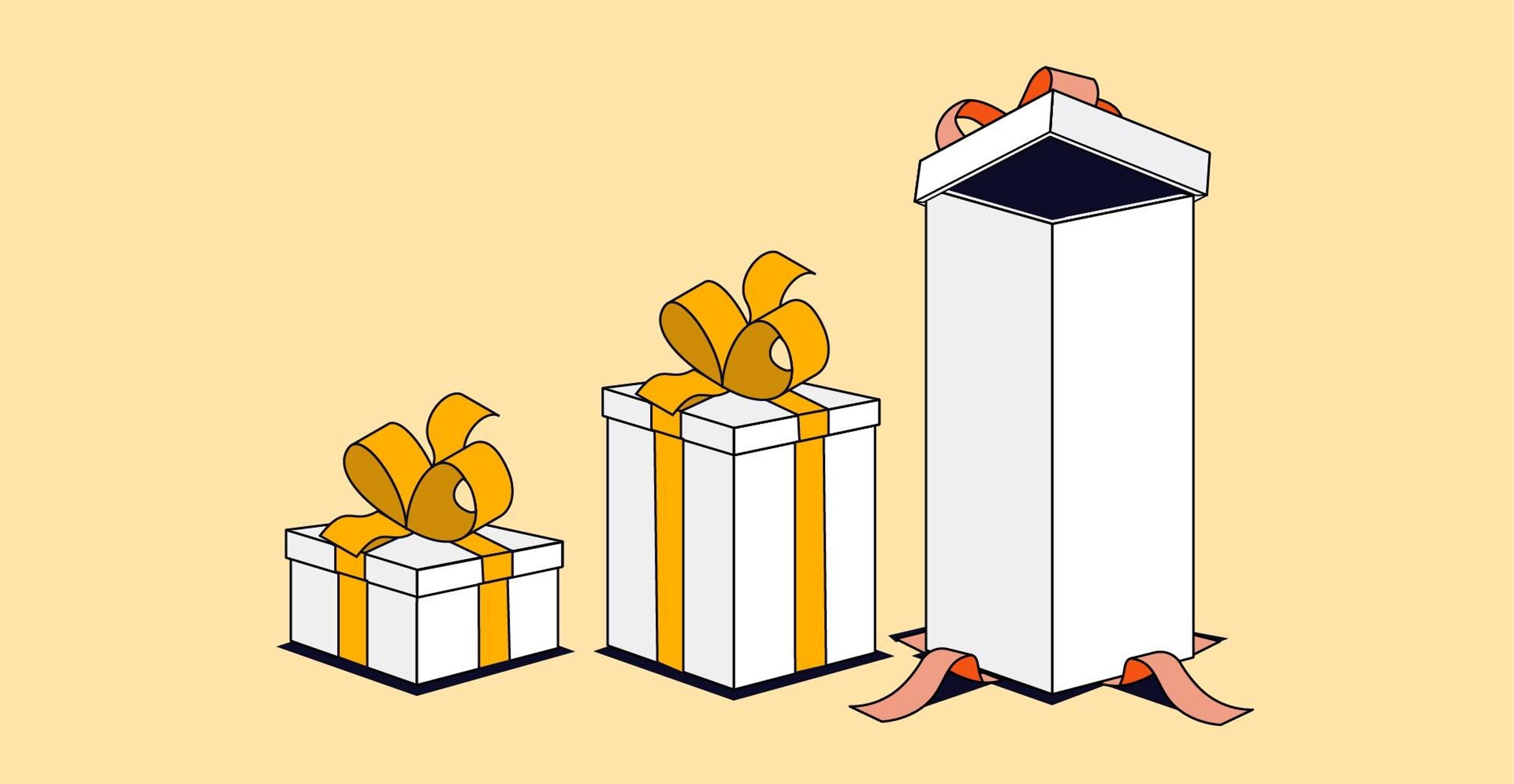 Graphic shows a small and medium wrapped gift and a third large gift, already unwrapped.