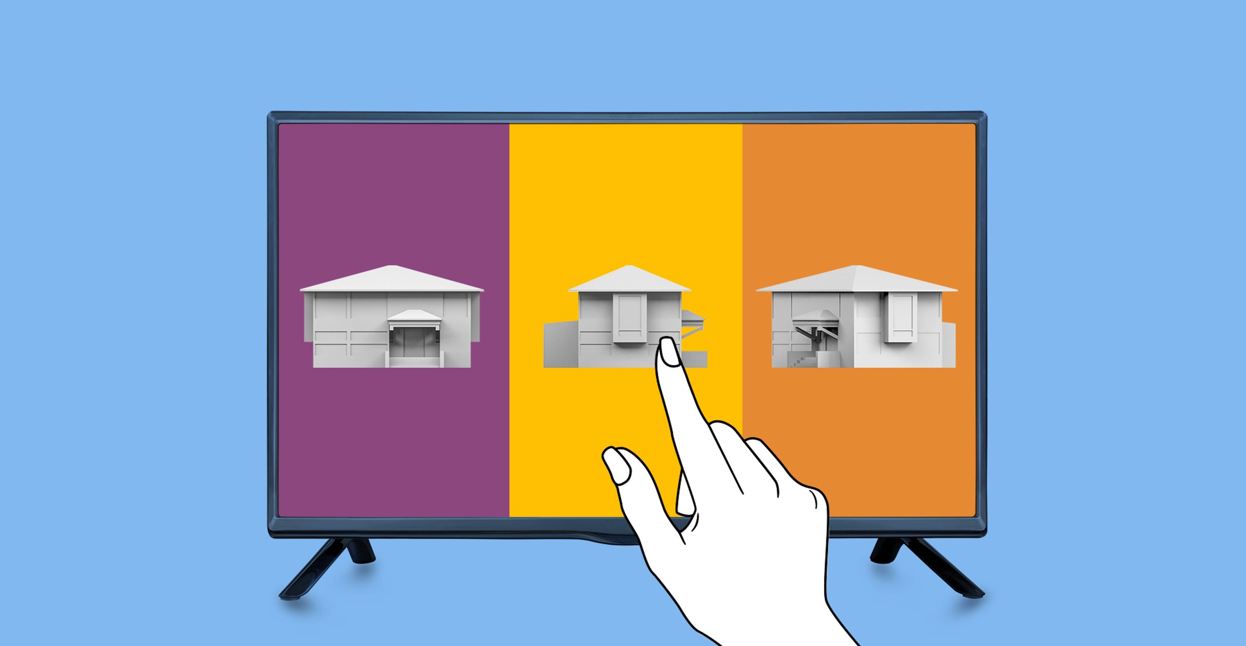 A small tv screen shows three 3d house designs while a hand taps the second design.