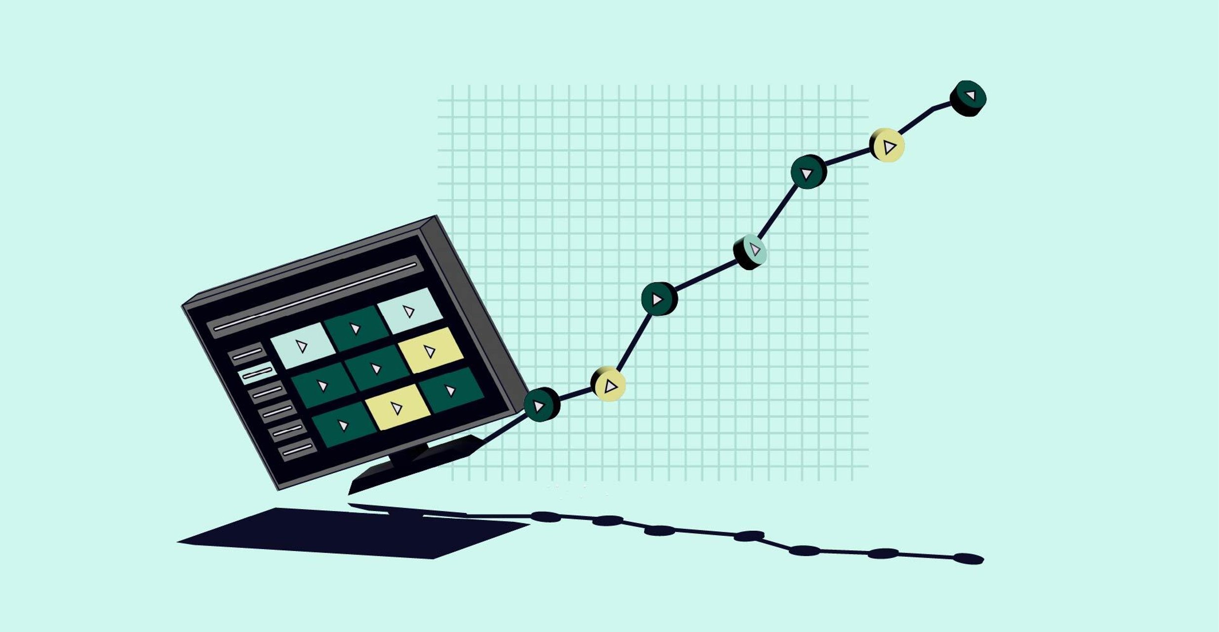 TV, displaying play buttons, hangs at the start of a line chart that's also marked by play buttons and progresses upwards