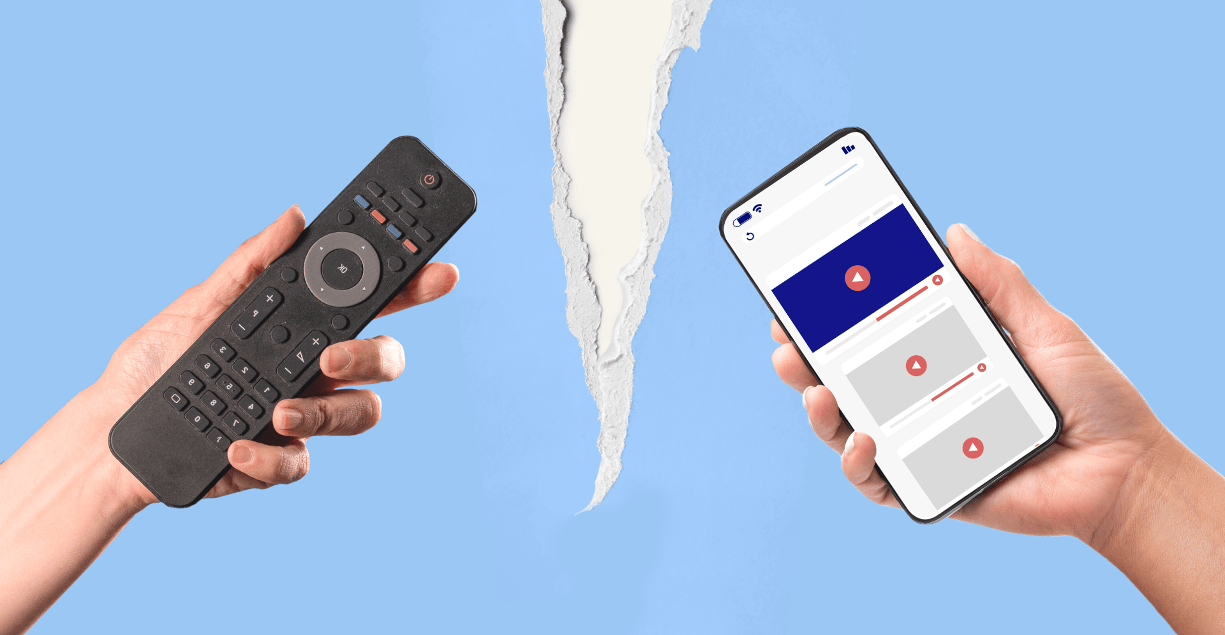 Image of a hand holding a remote and another hand holding a cellphone with a ripped paper graphic between the two