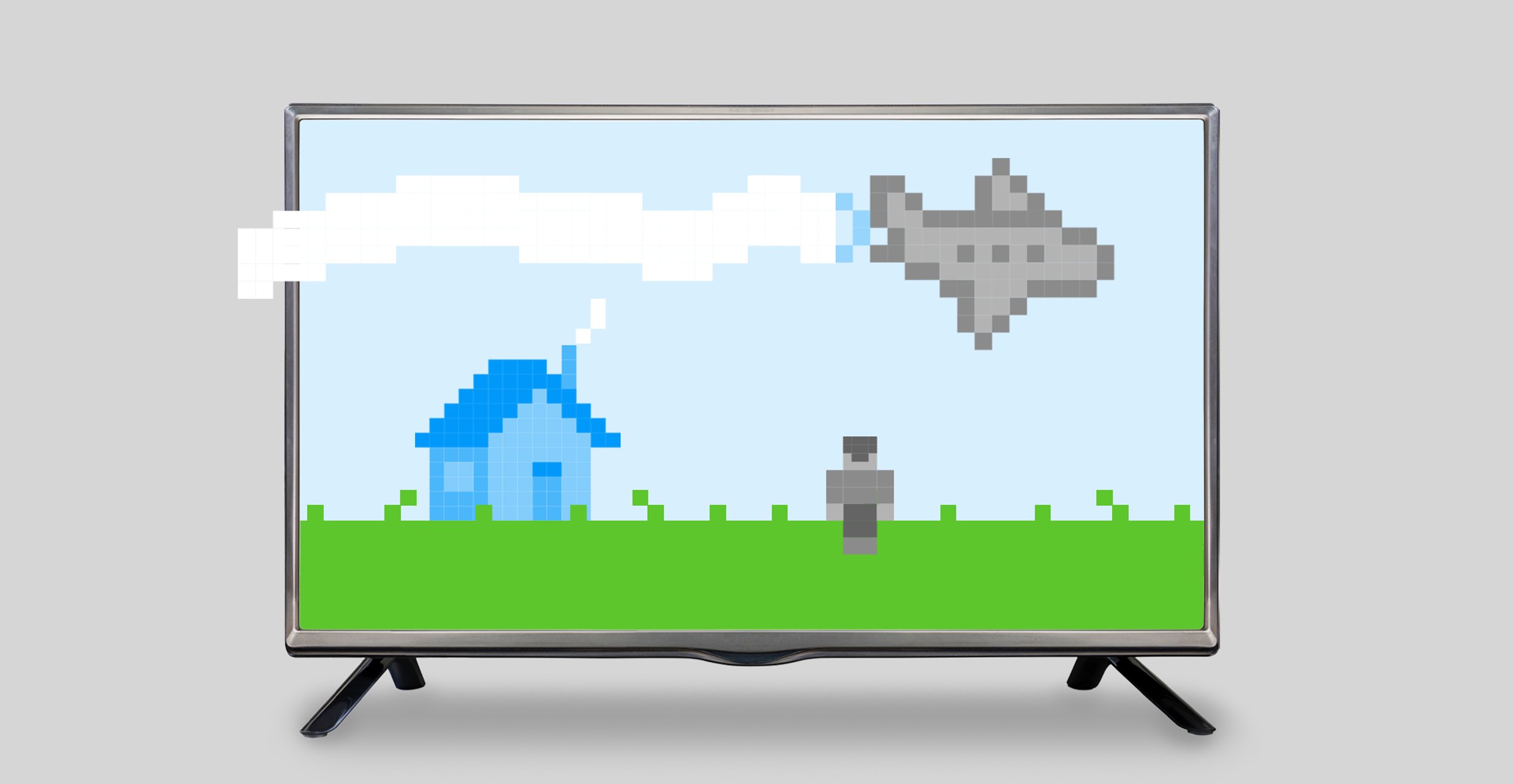 A TV screen displays a brightly colored pixelated animation of a tiny house and game character while a plane flies overhead.