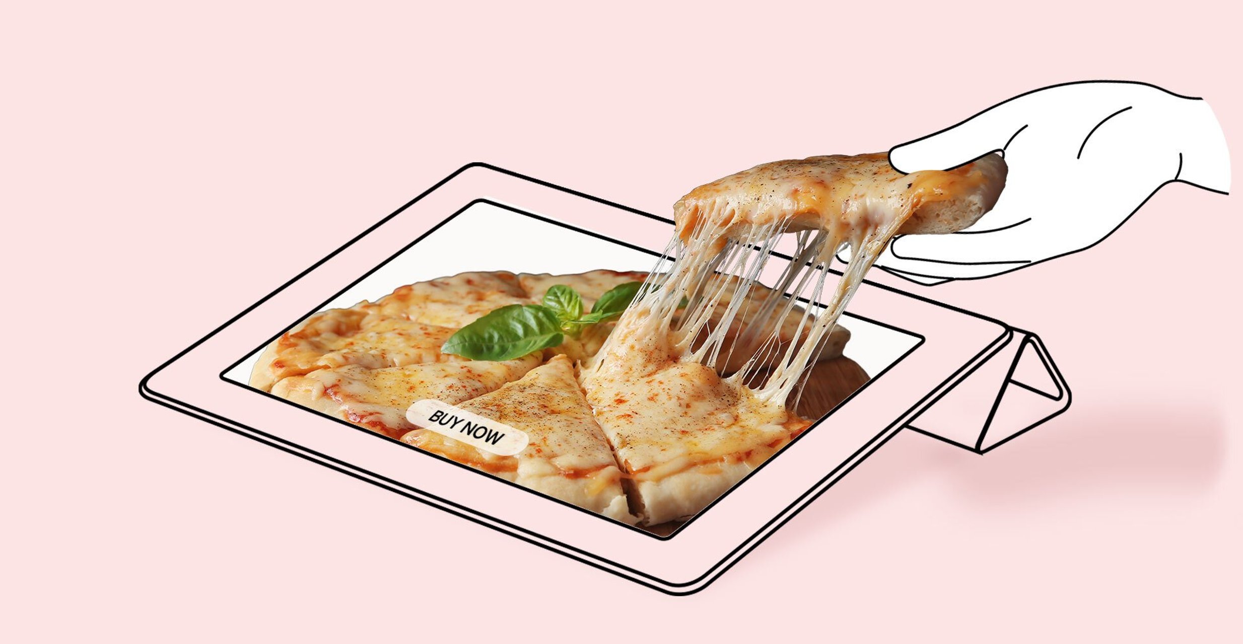 A hand picks up a slice of cheese pizza from a tablet that reads buy now