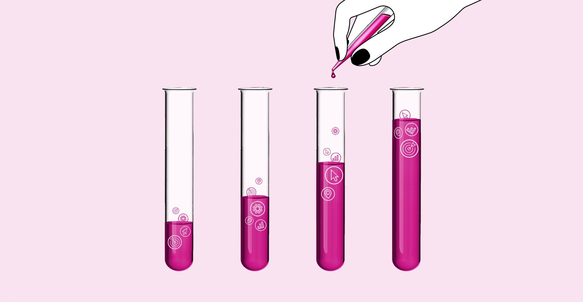 Graphic shows a hand filling four already partially filled test tubes with a pink liquid.