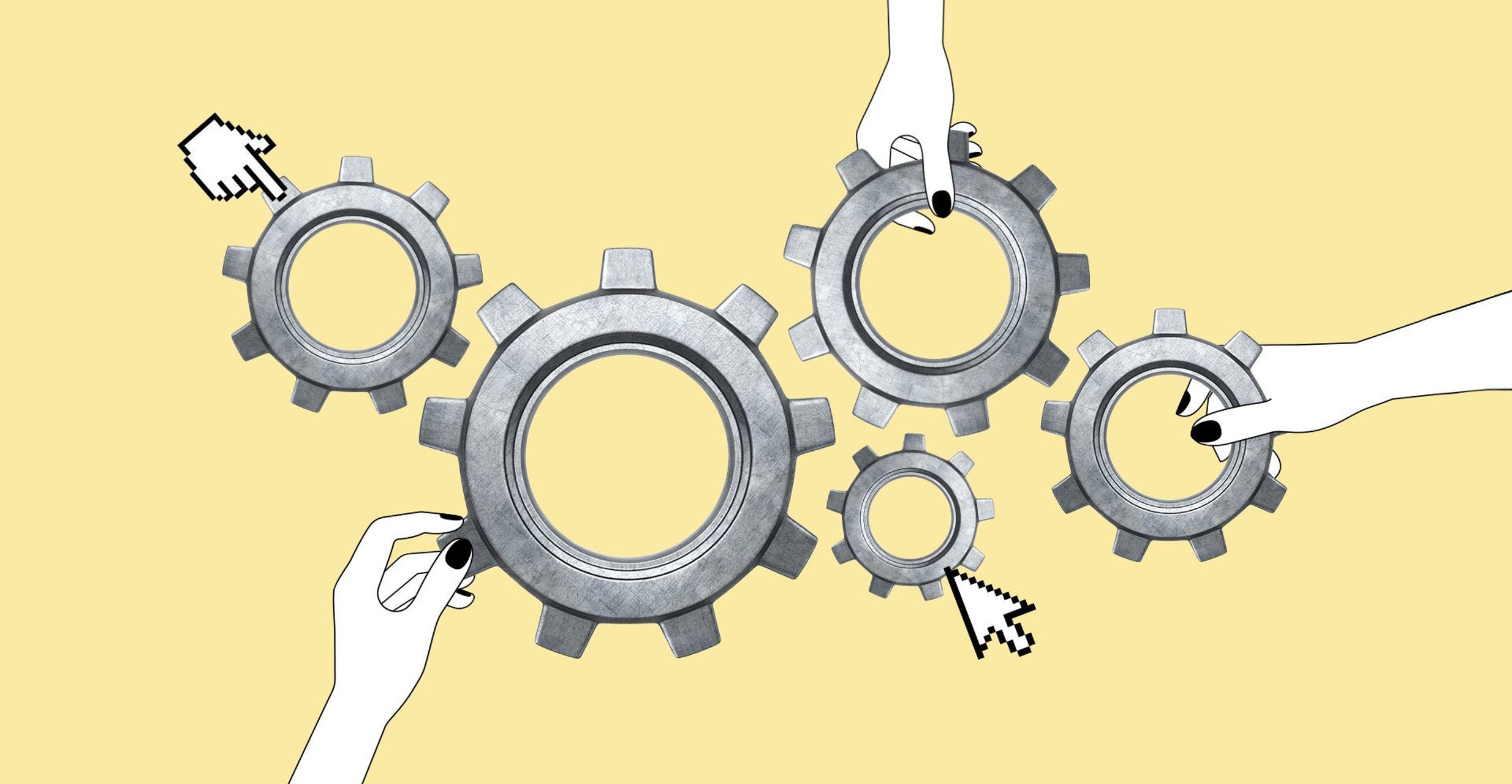 Illustration shows several gears being held by hands or tapped by cursors