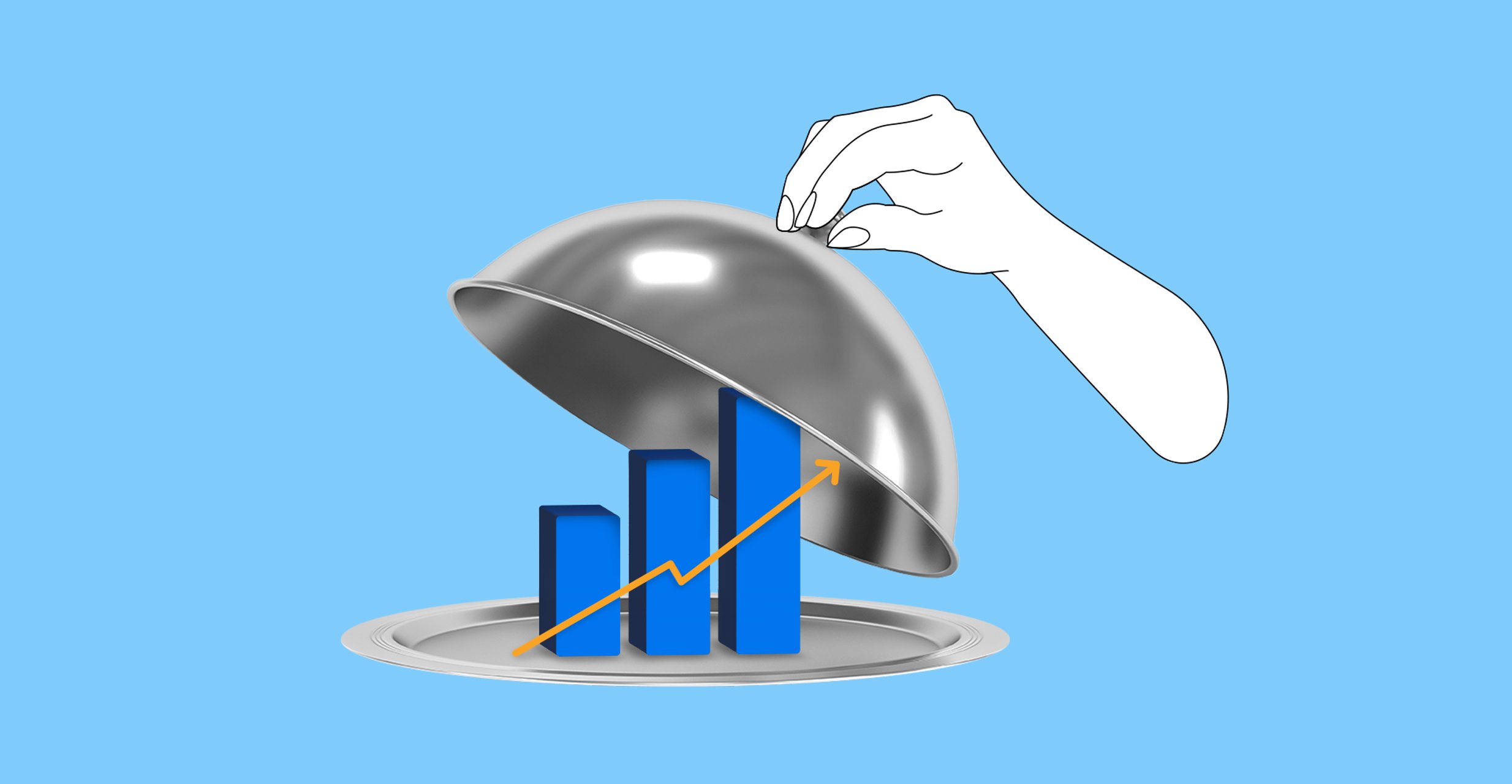 A hand lifts a metal plate cover to reveal a bar chart with a line chart on top that progresses upwards