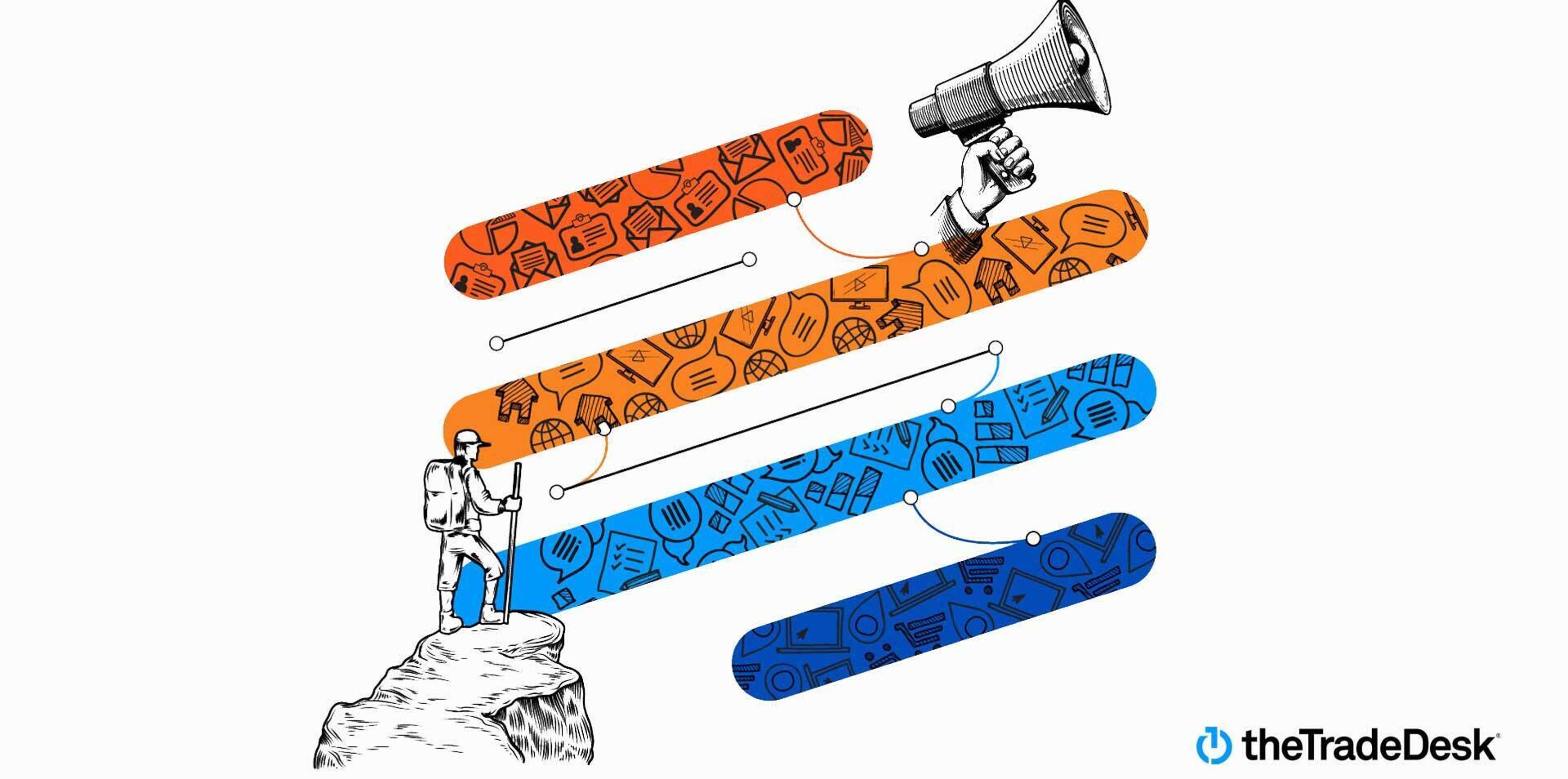 White background with four stripes in blues and oranges and graphics of a hand holding a megaphone with The Trade Desk logo in the bottom right corner
