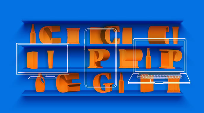 Various orange block letters with illustrated screens laying over