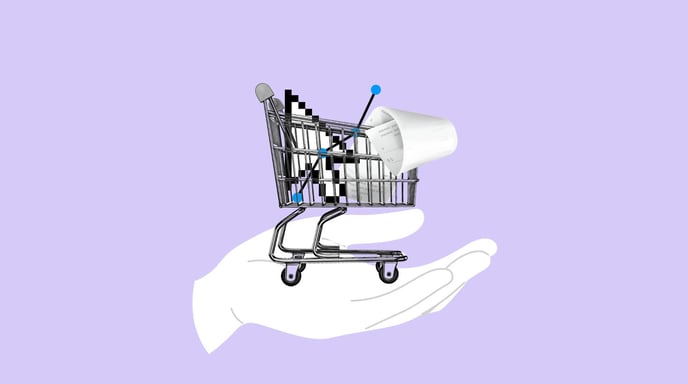 Illustration of a hand holding a shopping cart with a cursor inside of it