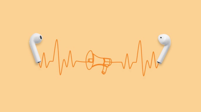 Pair of airpods laying on a light orange solid background with illustrated lines and a megaphone in between them