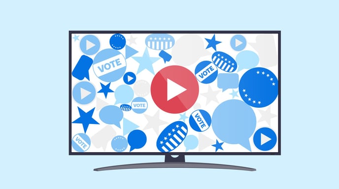 A television screen displays a video play button alongside various VOTE stickers