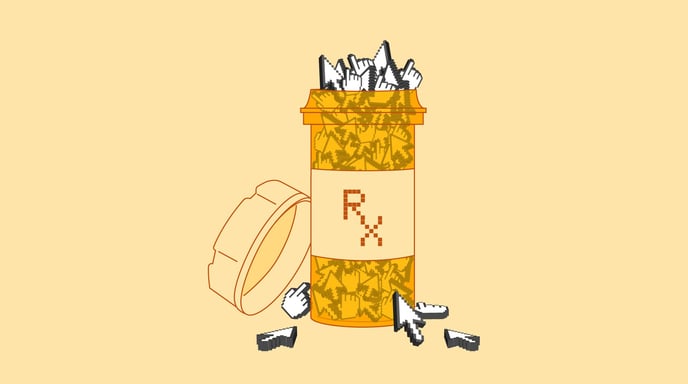 A yellow prescription bottle labeled RX is filled to its brim with white cursors