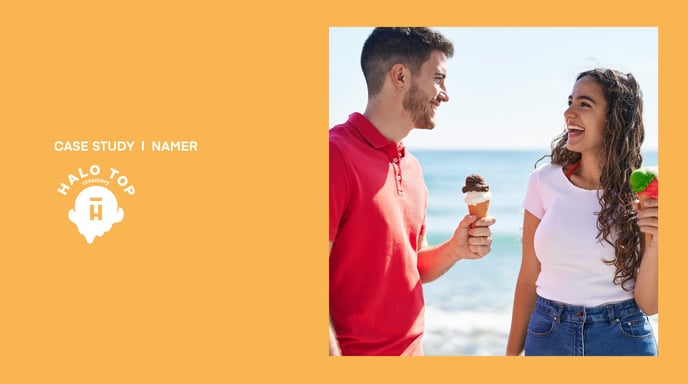 Halo Top + The Trade Desk NAMER Case Study on an orange background with a couple smiling and eating ice cream