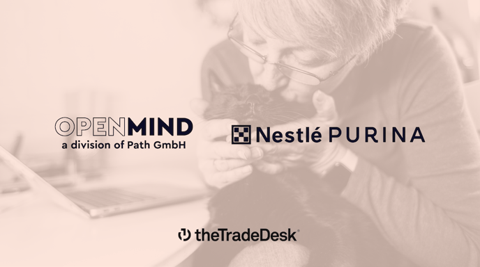 Logos of OpenMind (a division of Path GmbH) and Nestle Purina sit against a red tinted background image of a woman kissing her cat