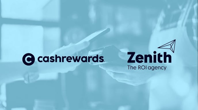 Blue graphic with Cashrewards and Zenith logos placed over