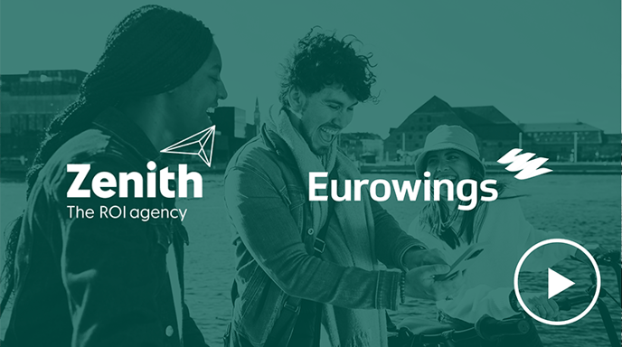 Image of three friends outside, looking at a phone and smiling with a green wash over and Zenith and Eurowings logos over top