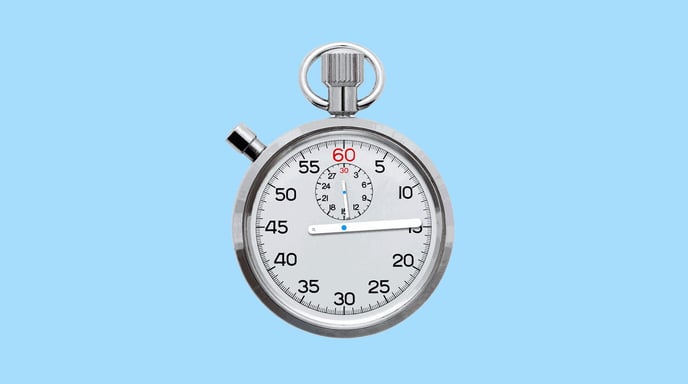 A silver stop watch passing time on a blue, solid background