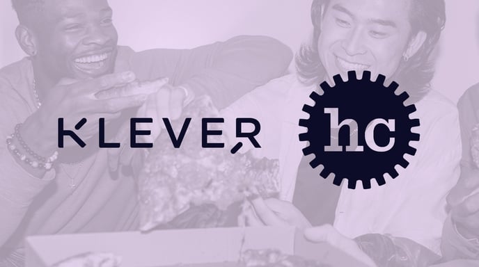 Purple cover image of two men laughing and Klever and Happy Cog logo placed over them