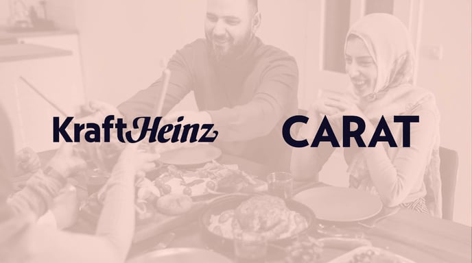 A promotional image with a warm-toned filter, featuring the logos of Kraft Heinz and CARAT over a background of a family sharing a meal together.