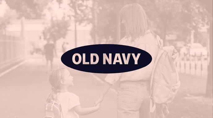 Old Navy logo over an orange image of a mother and child walking to school