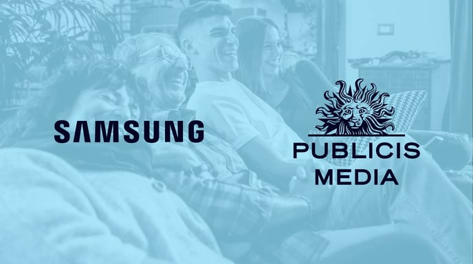 Blue image with a group of friends smiling and looking at a TV with Samsung and Publicis Media in the center