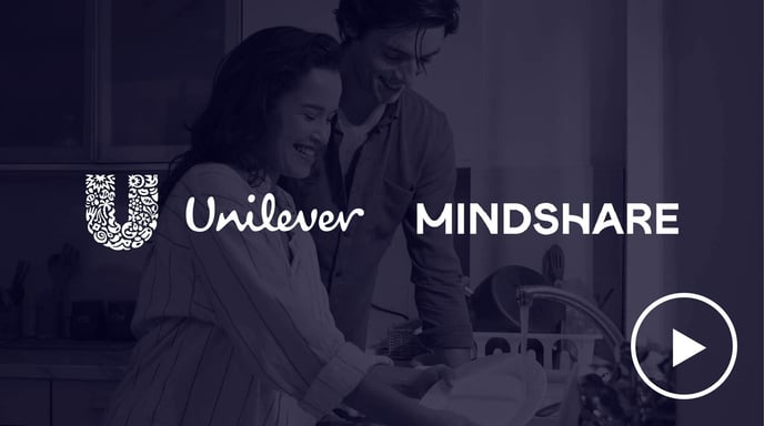 A smiling couple washes dishes together in a kitchen, overlaid with the Unilever and Mindshare logos.