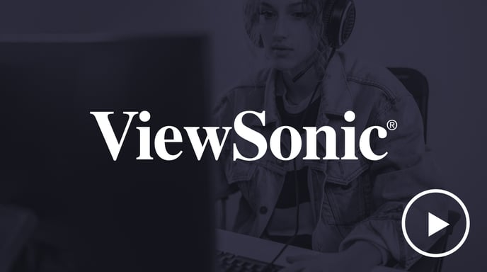 Woman gamer wearing headphones and looking concentrated at her computer with a gray wash over and the ViewSonic logo in the middle and a play button in the corner