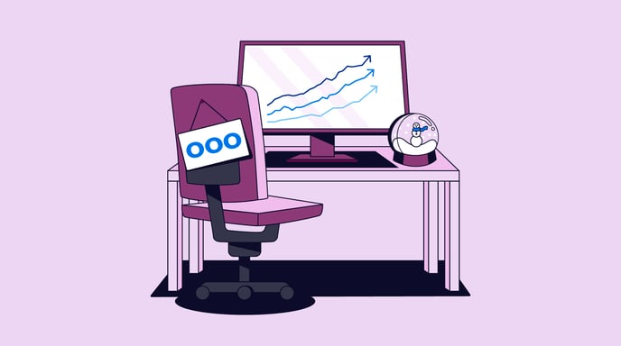 Purple graphic of an office chair with "OOO" sign representing the end of the year