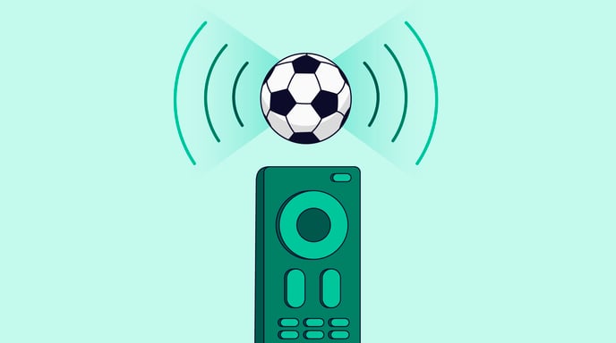 A football sits on top of a broadcast tower with internet lines emanating out of it. The base of the broadcast tower is a TV remote.