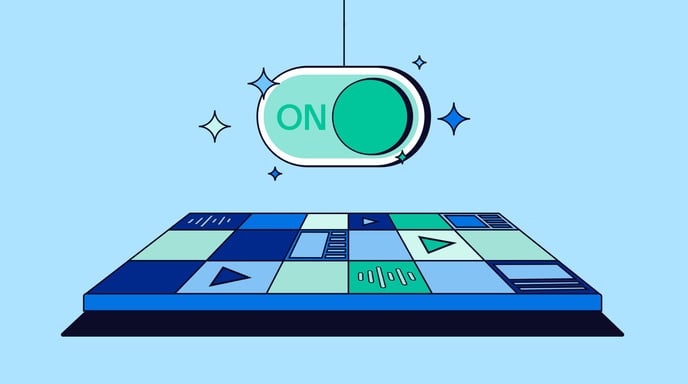 Graphic shows an "ON" switch above a digital dance floor, set against a light blue background