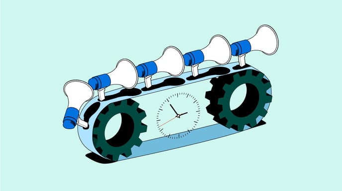 Graphic shows a clock within gears and megaphones on top