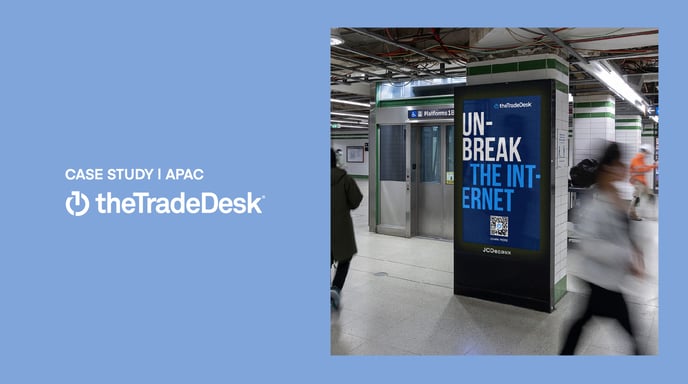 The Trade Desk Omnichannel Case Study | APAC | Blue background with an image of a DOOH ad with people walking by