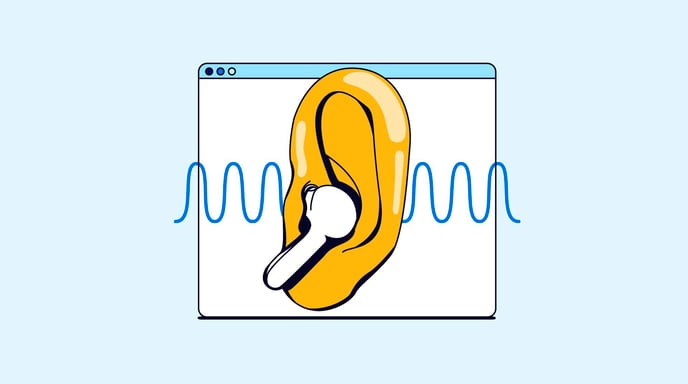 Graphic of an airpod in a giant yellow ear, placed over an internet browser window screen and frequency waves, to represent "audio".