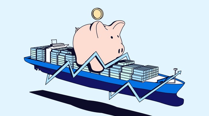 A shipping container ship holding containers and an oversized piggy bank, with an upward trending line circling it. The logo "Wallet Watch" is in the top right corner.
