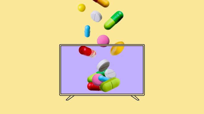 Graphic on a yellow solid background of color pulls falling inside an illustrated tv with a solid purple screen