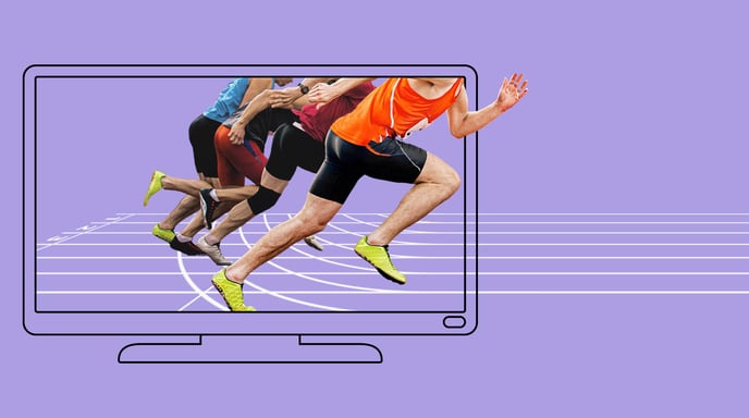 Purple background with a graphic of a computer monitor and photography of runners coming out of the screen