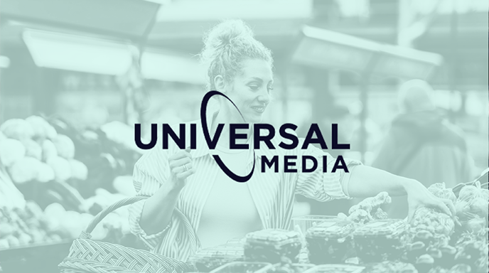 Woman grocery shopping with a green wash and Universal Media logo in the middle