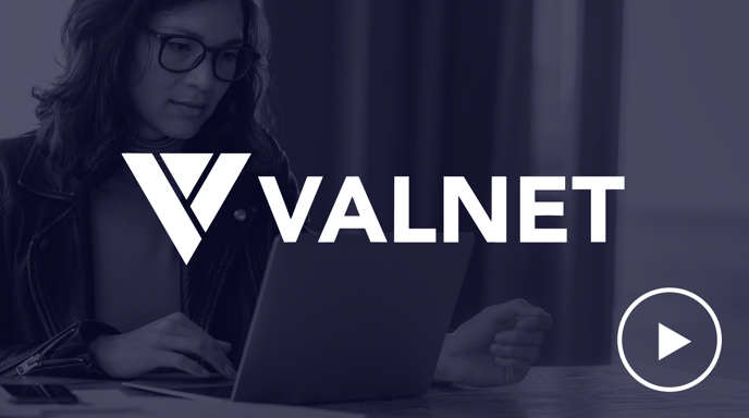 A woman working on a laptop is shown in a dark blue overlay with the VALNET logo prominently displayed in the foreground and a play button icon on the bottom right.