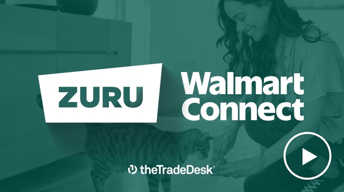 Promotional image featuring ZURU, Walmart Connect, and The Trade Desk logos overlaid on a scene of a woman smiling while feeding a cat, with a play button icon indicating video content.