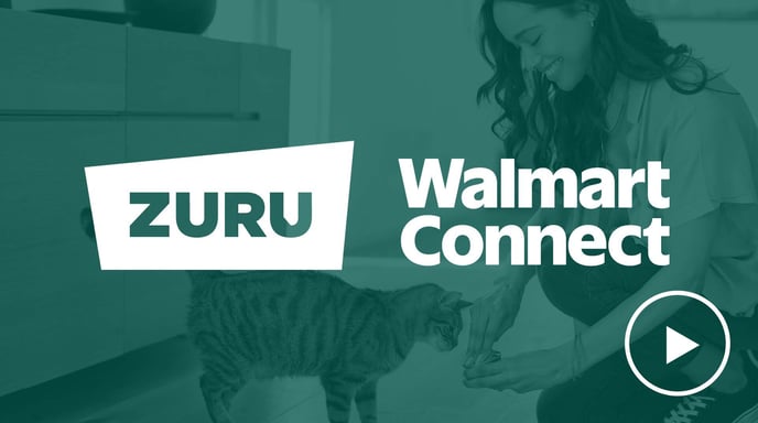 Promotional image featuring ZURU, Walmart Connect, and The Trade Desk logos overlaid on a scene of a woman smiling while feeding a cat, with a play button icon indicating video content.
