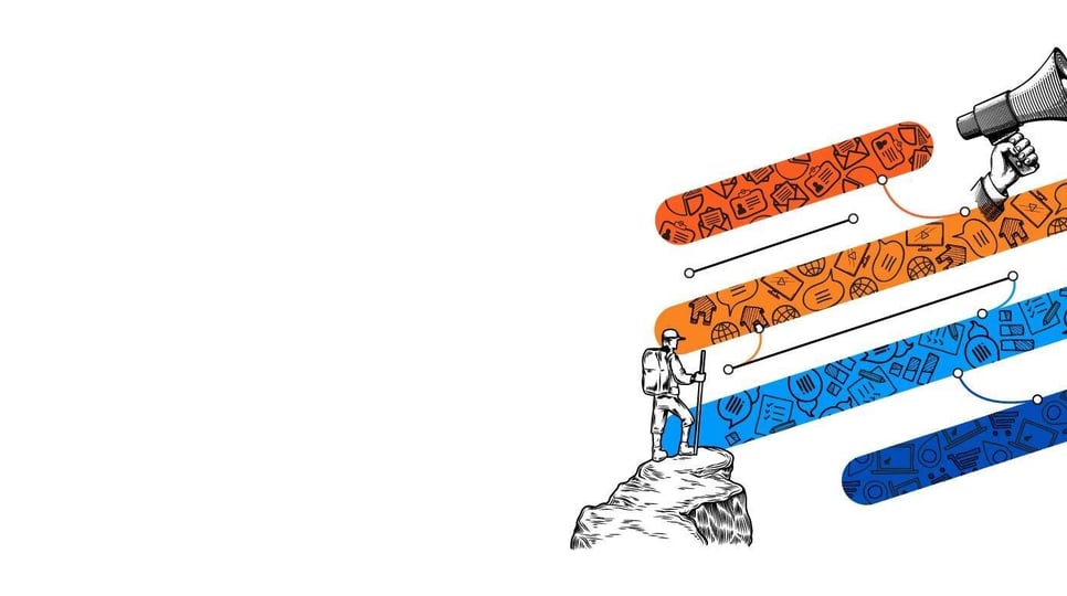 White background with four stripes in blues and oranges and graphics of a hand holding a megaphone with The Trade Desk logo in the bottom right corner
