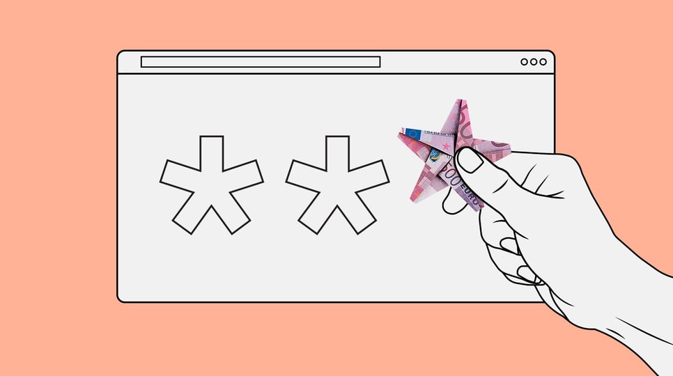 A web browser pictures two paper stars while a hand holds up a third star made from a 500 euro bill.