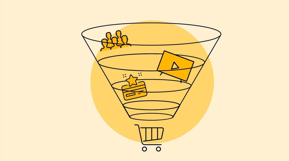 Graphic shows a yellow circle featuring a funnel with icons of a small crowd, web browser, and media play button above a shopping cart.