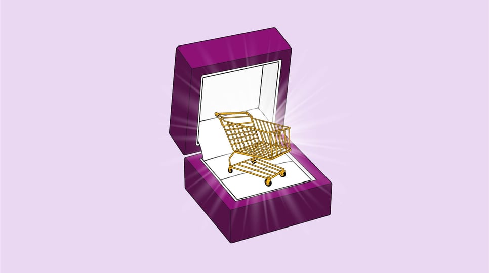 Purple graphic with a shopping cart inside of a ring box