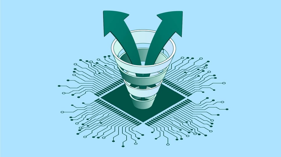 Graphic shows two outstretched arrows rising out of a marketing funnel that's on a circuit board.