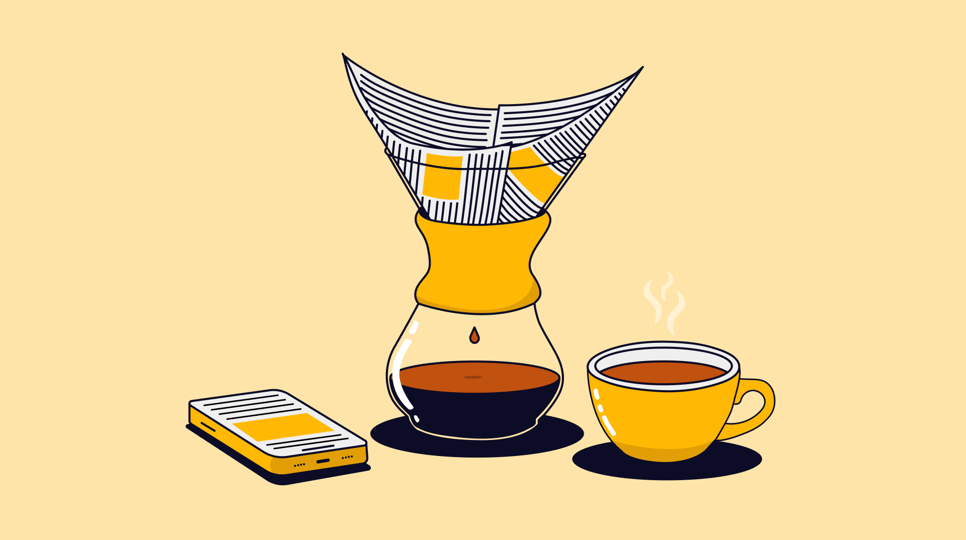 Yellow graphic of coffee brewing in a Chemex with a phone to the left