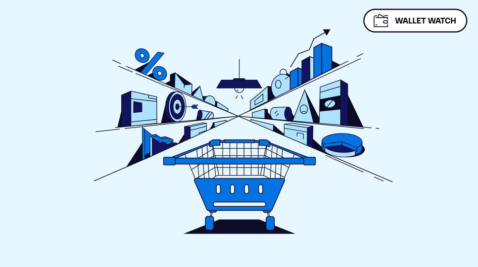 Illustration of a shopping cart in a store aisle filled with financial and data-related icons, symbolizing consumer spending and economic analysis.