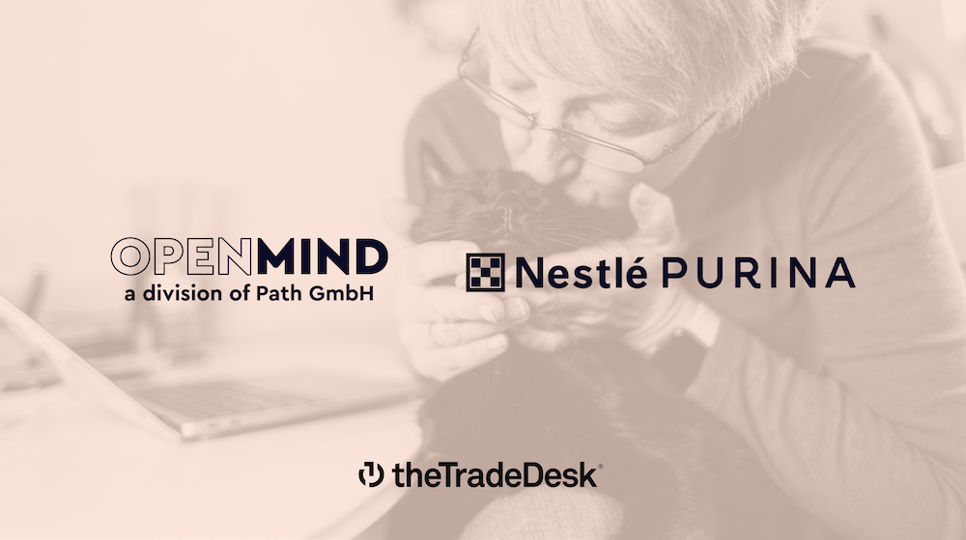 Logos of OpenMind (a division of Path GmbH) and Nestle Purina sit against a red tinted background image of a woman kissing her cat